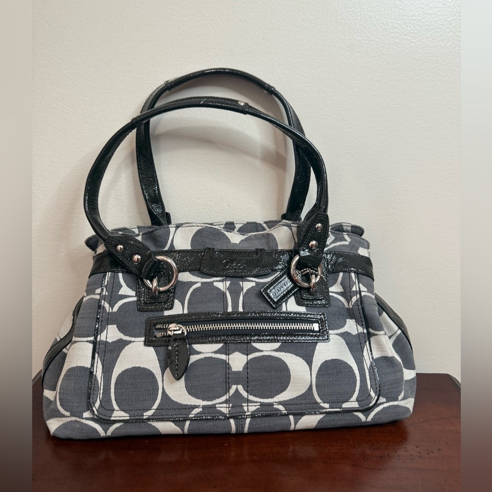 Coach #13290 Black & White Signature Satchel with Leather Trim